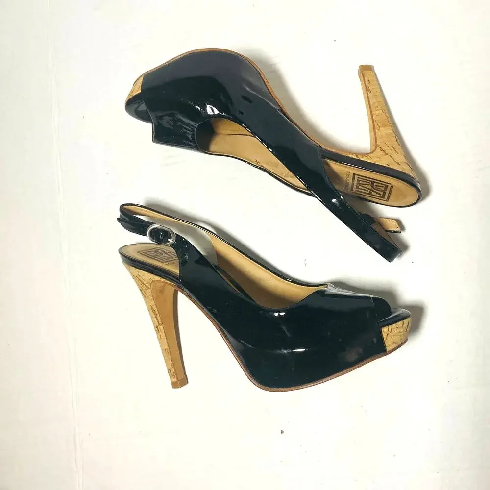 Pour La Victoire Black Patent Leather Peep Toe High Heel Slingback Pumps Sz 8